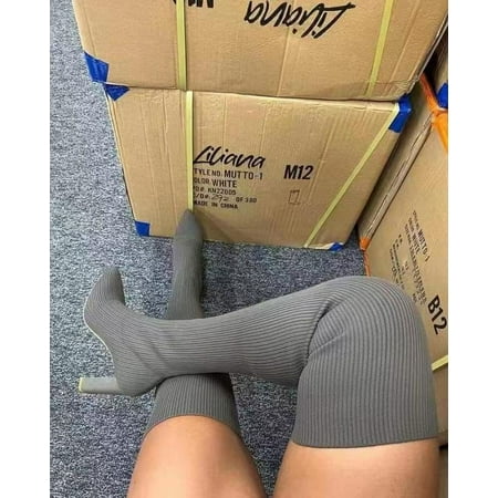 

Women s Over The Knee Thigh Boots Knitted Warm Elastic Cloth Shoes New Winter Fashion Pointed Toe Chunky Heel High Boots