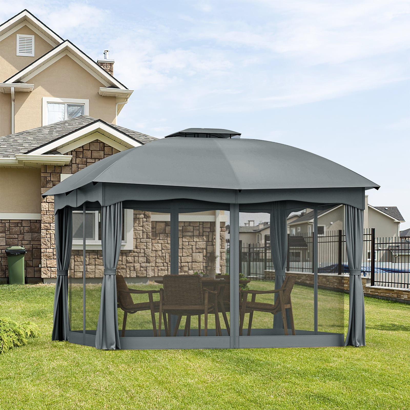 Gymax 12' x 10' Patio Heavy Duty Steel Gazebo Canopy Double Vented Outdoor Gray