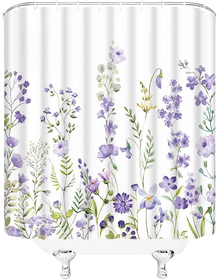 Purple Watercolor Floral Shower Curtain Lavender Flower Spring Blossom Plant Lilac Wisteria White Home Decor Fabric Bathroom Curtain Set with Hooks（84" Wx70 H）