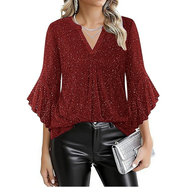 Ounisa Womens 3/4 Ruffle Sleeve Sparkly Tops Sequin V Neck Blouses Dressy Casual Fall Shirts