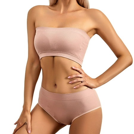 

Riforla Women 2 Piece Strapless Top with Padded Bra Lingerie Vest and Pack Big Triangle Square Panty Set Lingerie Set Pink One Size