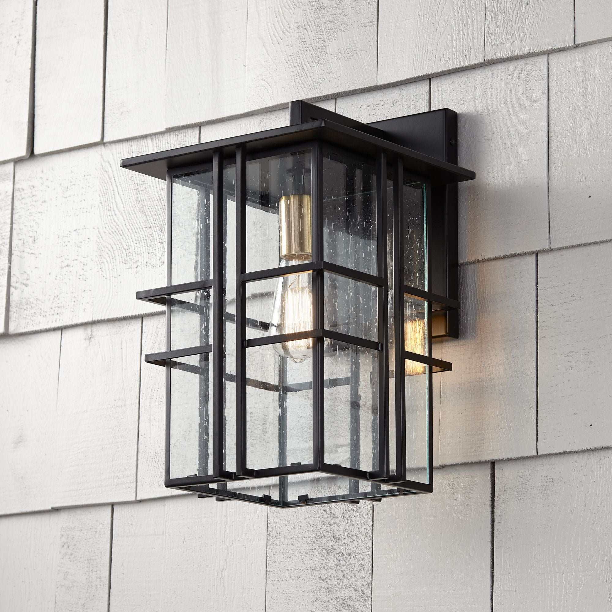 Possini Euro Design Arley Modern Industrial Outdoor Wall Light Fixtures Set of 2 Black 16" Seedy Glass for Post Exterior Barn Deck House