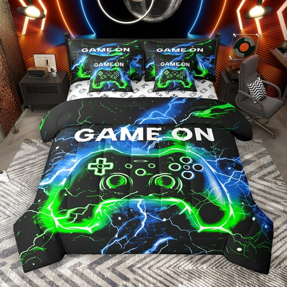 Castle Fairy Teens Boys Girls Blue Green Gamepads 7-Piece Twin Bedding Sets,Video Game Bedding Comforter Set,Abstract Lightning Breathable Sheet Sets,Microfiber Bedroom Decor