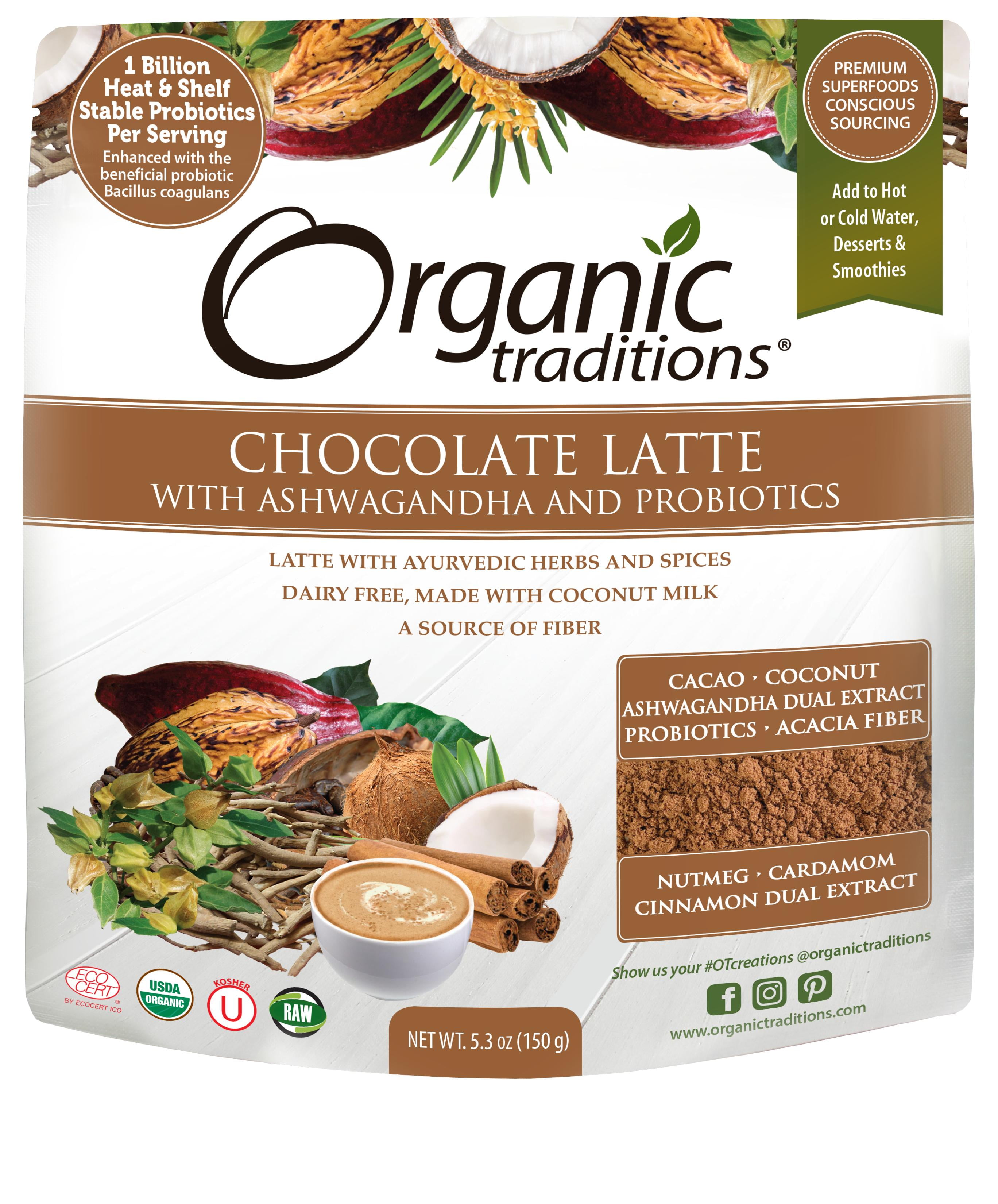 Organic Traditions Latte- Chocolate with Ashwagandha and Probiotics, 5.3oz