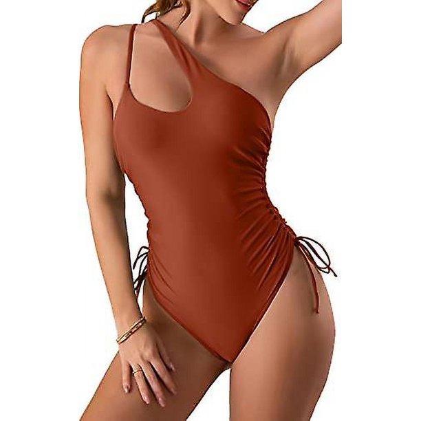 Traje de baño de una pieza con un hombro para mujer, trajes de baño de corte alto, traje de baño con cordón y Control de barriga lateral