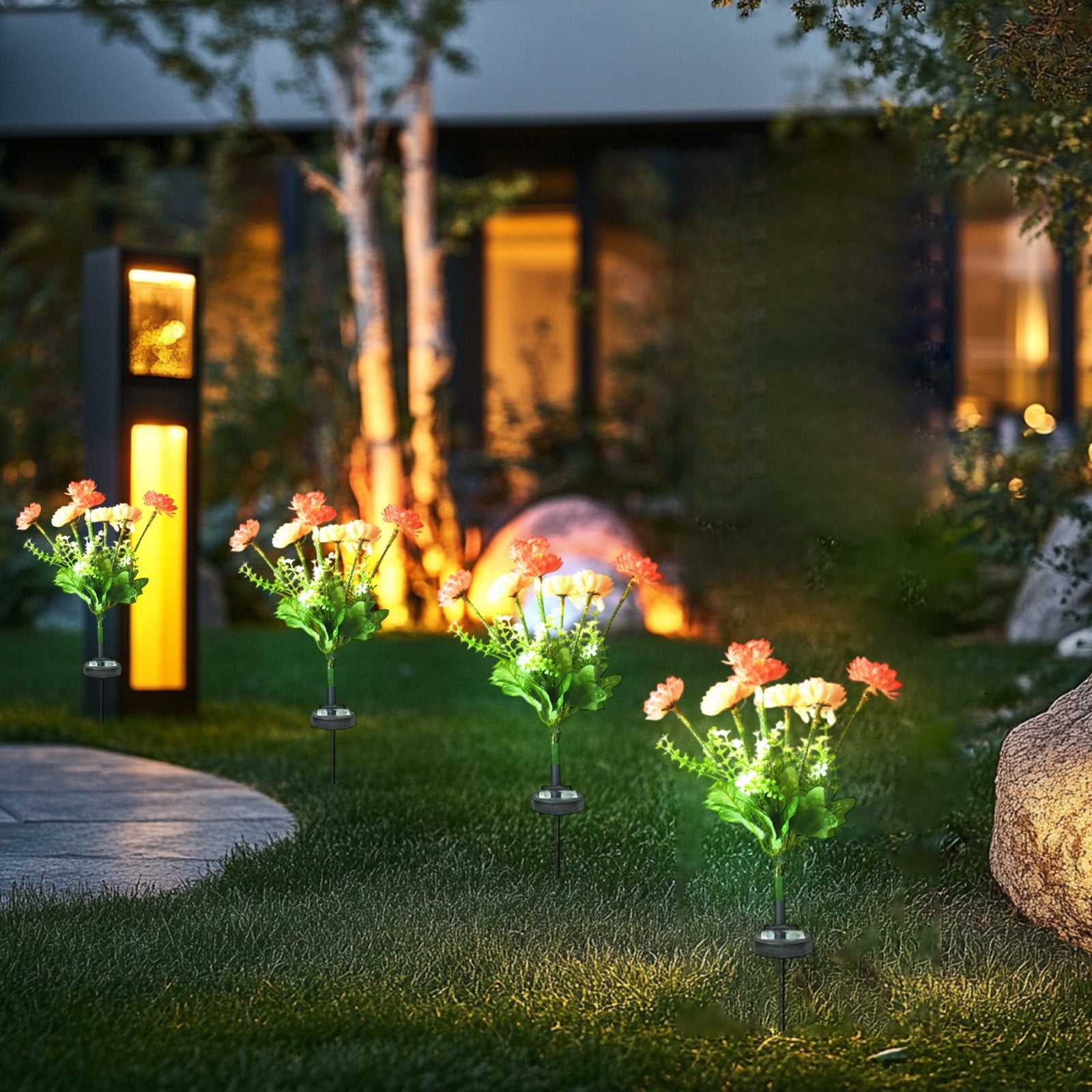 Solar Garden Lights LED Colorful Waterproof Solar Powered Snow Lotuss Landscape Lights Automatic Lighting In Darkness for Pathway Patio Yard Garden Decor (Sunset red + Champagne Color)