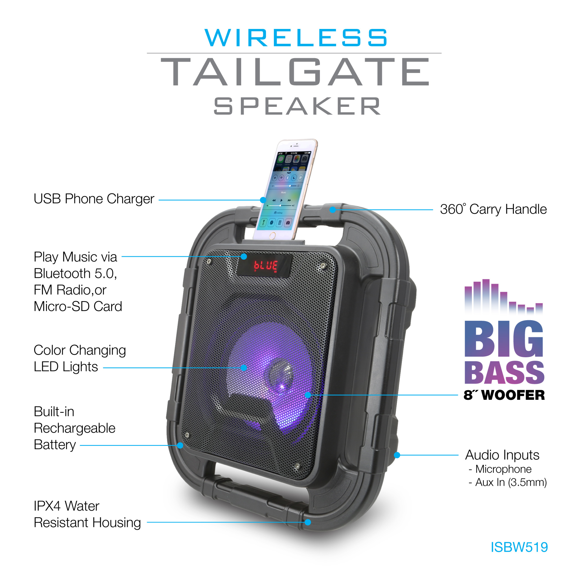 iLive Portable Bluetooth Speaker, Black, ISBW519B - image 2 of 10