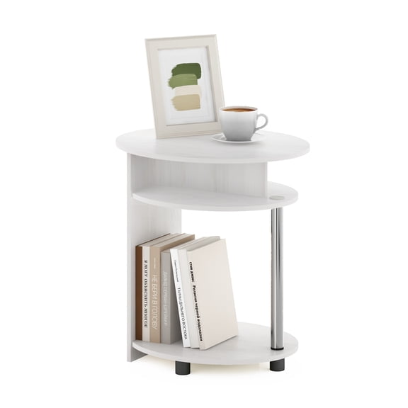 Furinno Jaya Round Side Table with Bottom Shelf, White End Table, Night Stand, Bedside Table for Living Room, Bedroom, Home Office, White Wood
