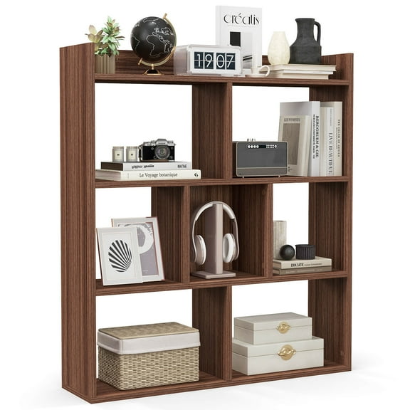 Costway 1 PCS 7-cube Bookcase Open Storage Shelf with Anti-tipping Kits for Living Room Walnut