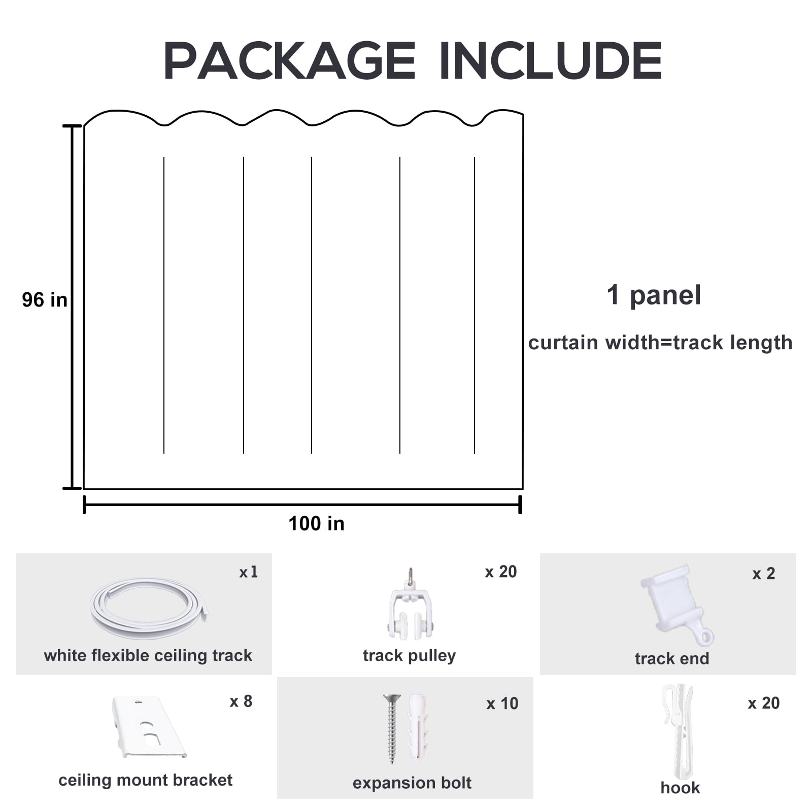 CBSRORO Room Divider Blackout Curtains with Ceiling Mounted Curtain Track Set,1 Panel Black Divider Curtain and White Flexible Curtain Track for Room Separation