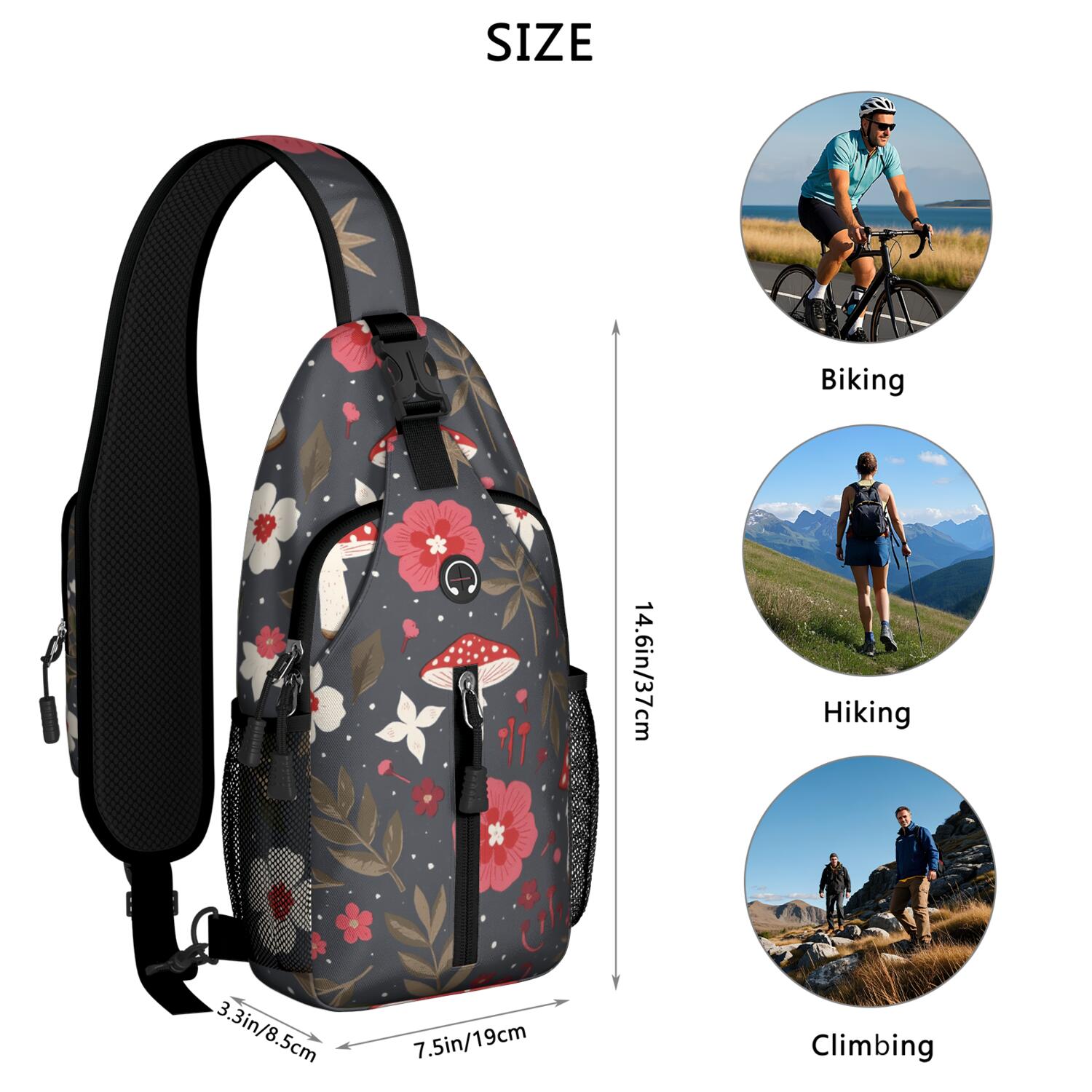 Chest Bag Crossbody Shoulder Bag Crossbody Shoulder BagHiking Sling Backpack for Men Women Travelers Mushroom