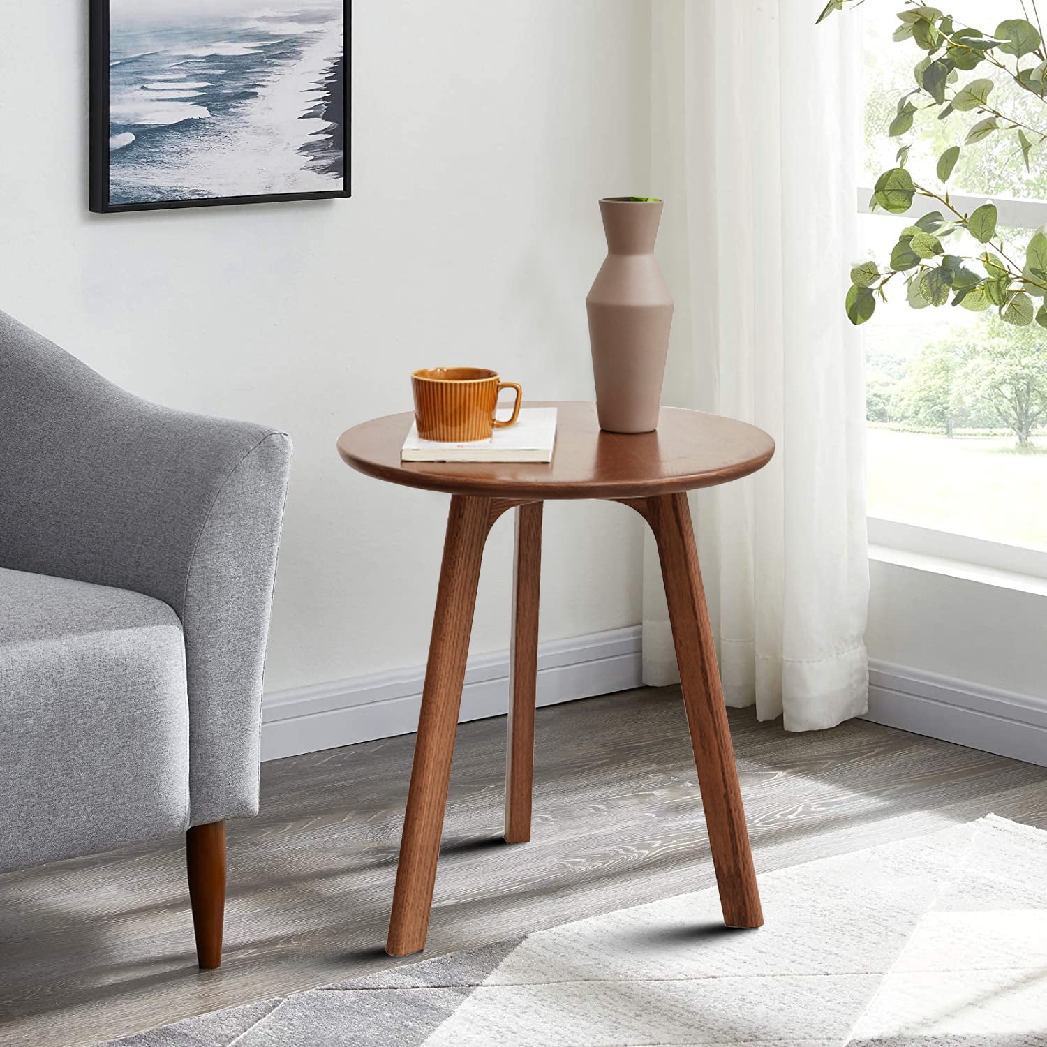 Minimalist Nature Style Round End Table with Oak Wooden Frame for