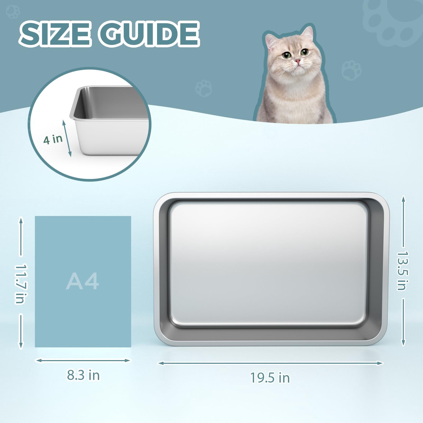 Stainless Steel Cat Litter Box  4in Shallow For Senior Cats And Kittens Large Metal Pan Nonstick Odor Control Anti-corrosion