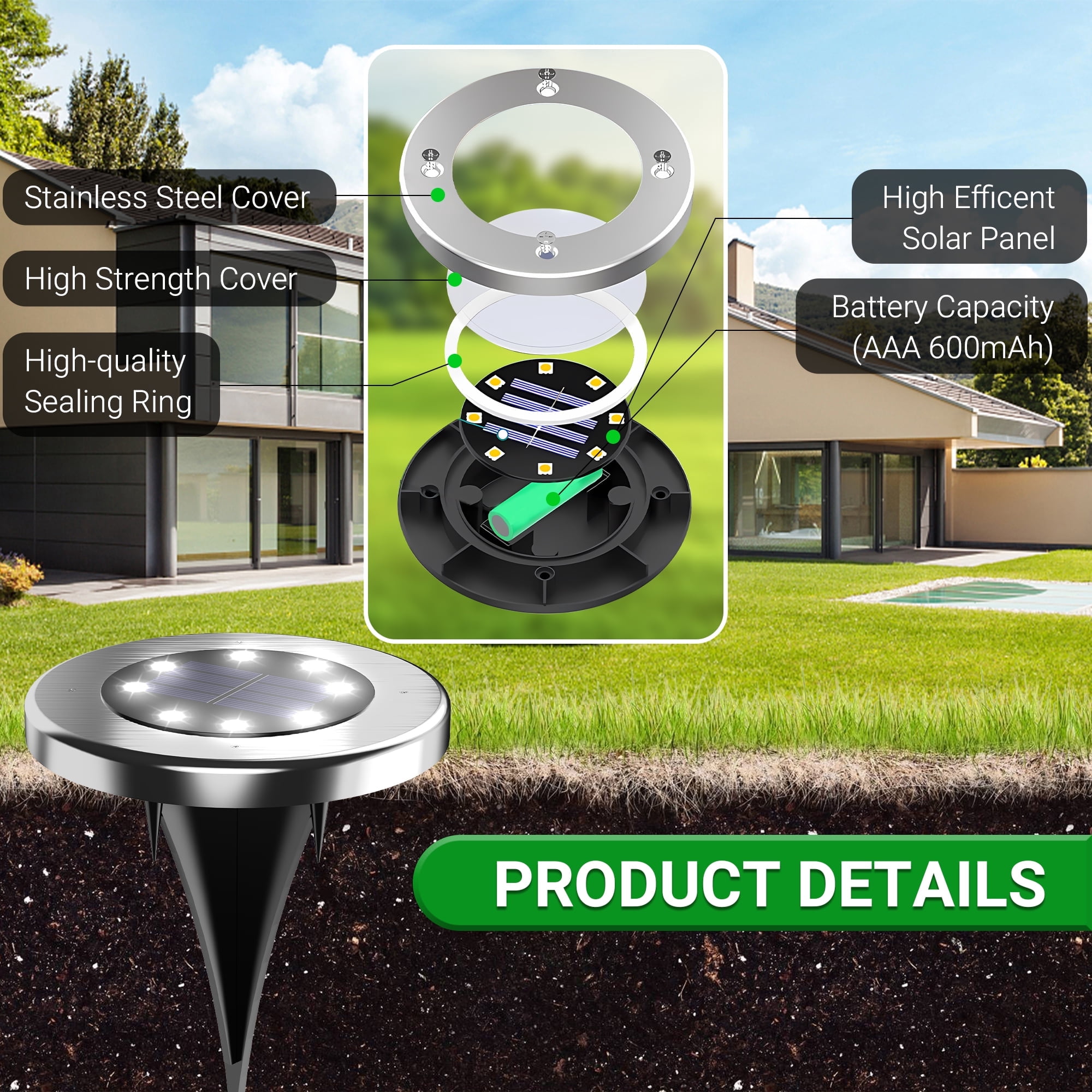 CHARKEE 8 Pack Solar Ground Lights Outdoor, 8 LED Solar Powered Garden Lights for Pathway Lawn Patio Yard Decor
