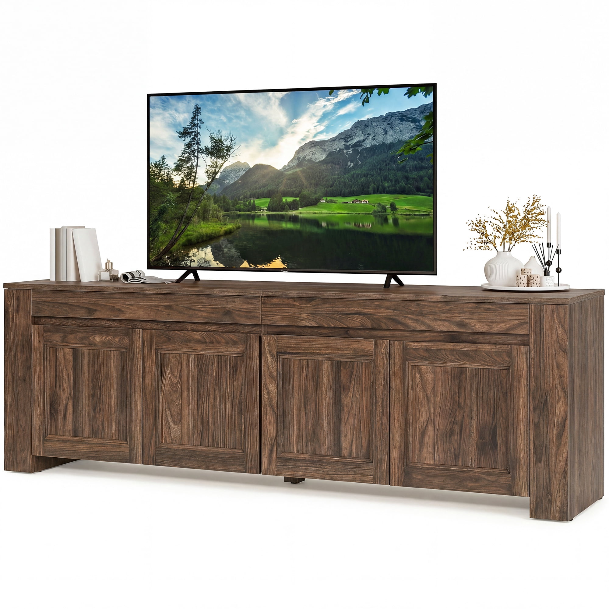 Uforic 70 Inch Modern Farmhouse TV Stand for Up to 80 Inch TVs with 4 Storage Doors & Inner Shelves for Living Room, Dark Walnut