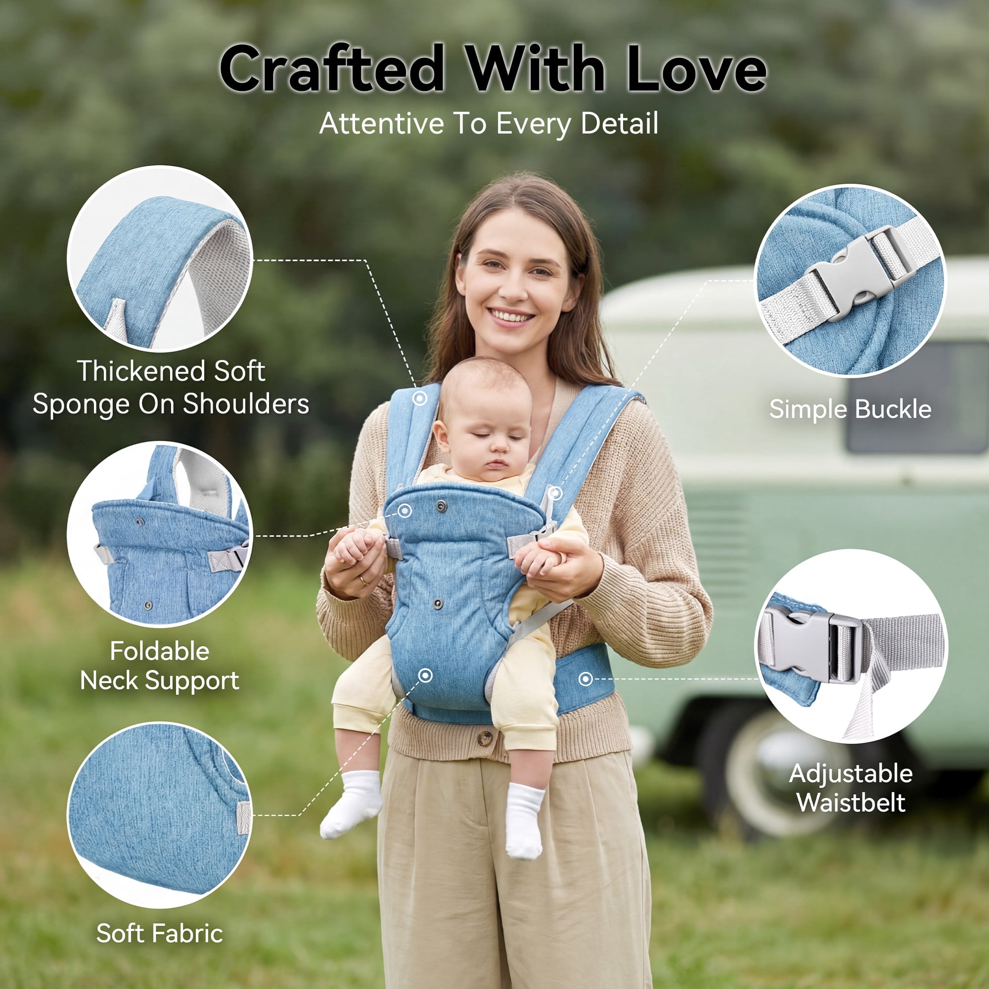 RUPOUN Baby Carrier, Convertible Soft & Cool Baby Carrier, 4-Position, Blue, for Child, Infant, Newborn