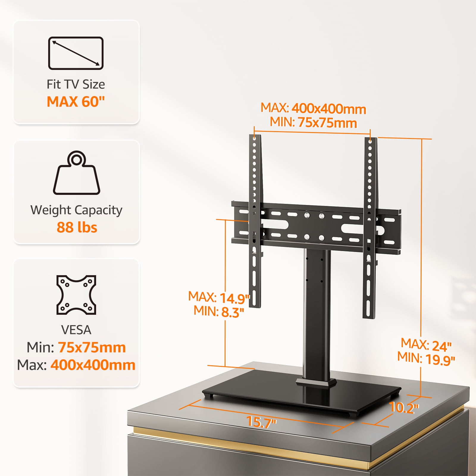 HOMOUNT Universal Tabletop TV Stand for 24-60 inch TVs, 5 Level Height Adjustable, Desktop TV Base with Tempered Glass Base, Max 400x400mm, Holds up to 88 lbs