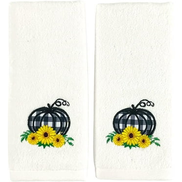 Serafina Home Decorative Fall Tip Towels: Plush Velour Cotton Embroidered Farmhouse Black White Check Pumpkin with Sunflowers Design, 2 Piece Set (18" x 11" Inch)