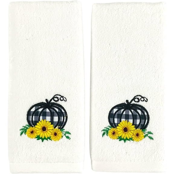 Serafina Home Decorative Fall Tip Towels: Plush Velour Cotton Embroidered Farmhouse Black White Check Pumpkin with Sunflowers Design, 2 Piece Set (18" x 11" Inch)