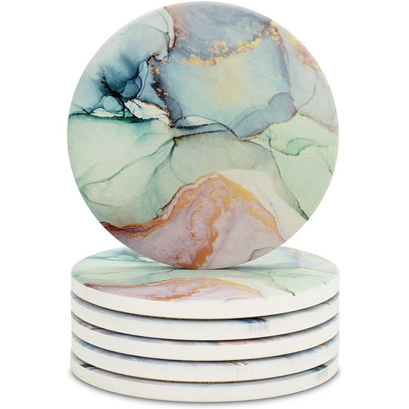 Marble s for Drinks, Geode s, Agate Large Absorbent, Water Absorbing s for Glass Table Top - Large 4 inch Size, Set of 6 (Light Green Marble)