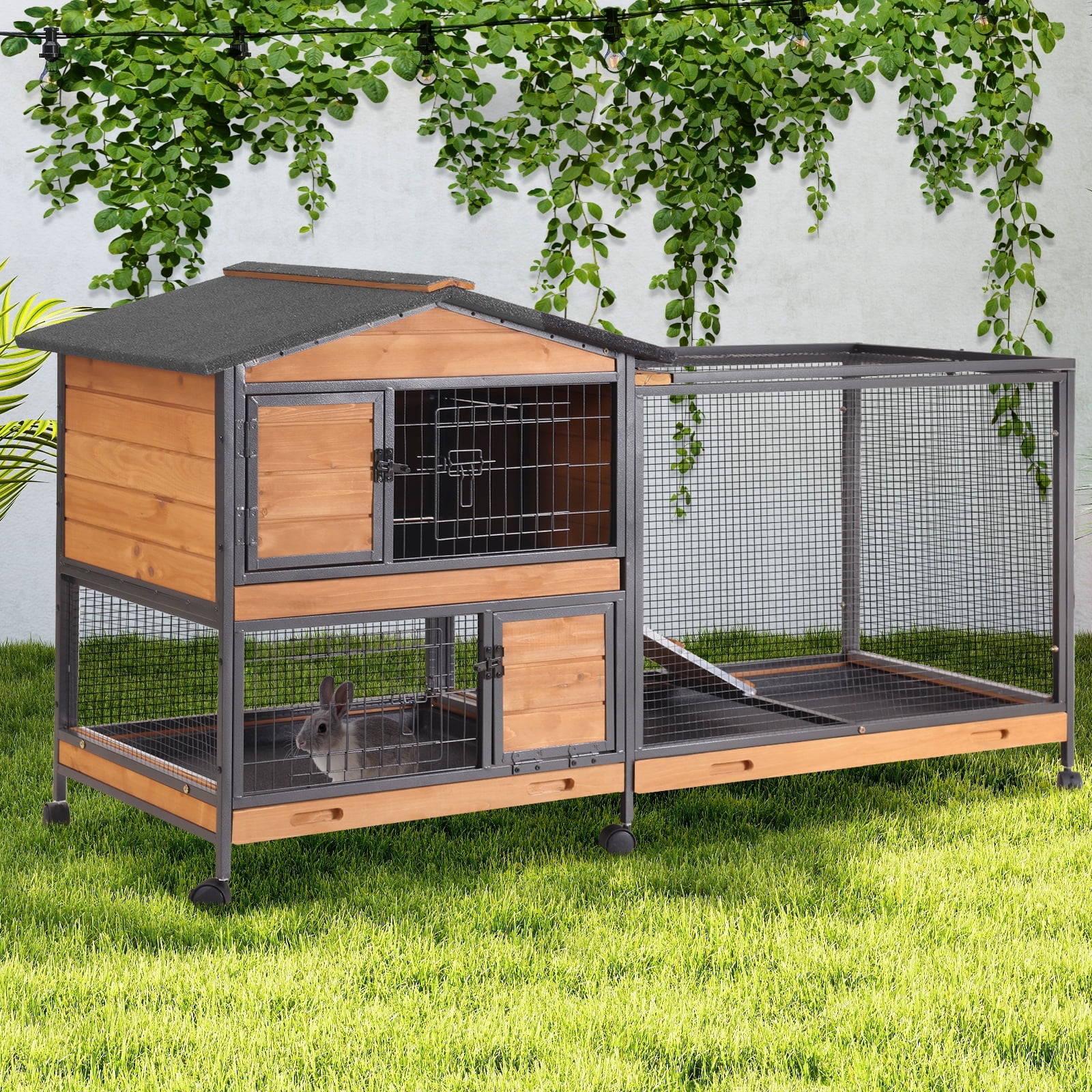 Aivituvin 62" Rabbit Hutch with Wheels for Outdoor & Indoor, 2-Story Bunny Cage with Pull Out Tray, Chew-Proof Ramp, Waterproof Roof, Orange