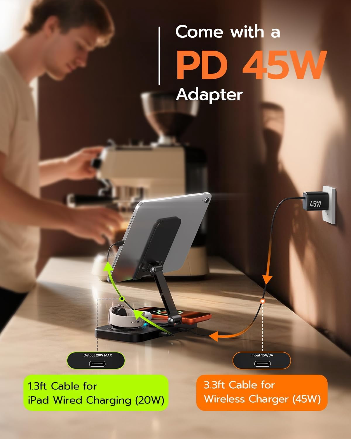45W 6 in 1 Charging Station for Apple Multiple Devices with Clock & Light, 20W Fast Foldable Wired Charging Stand for iPad/Tab, Wireless Charger Design for MagSafe Charger for iPhone 17/iWatch