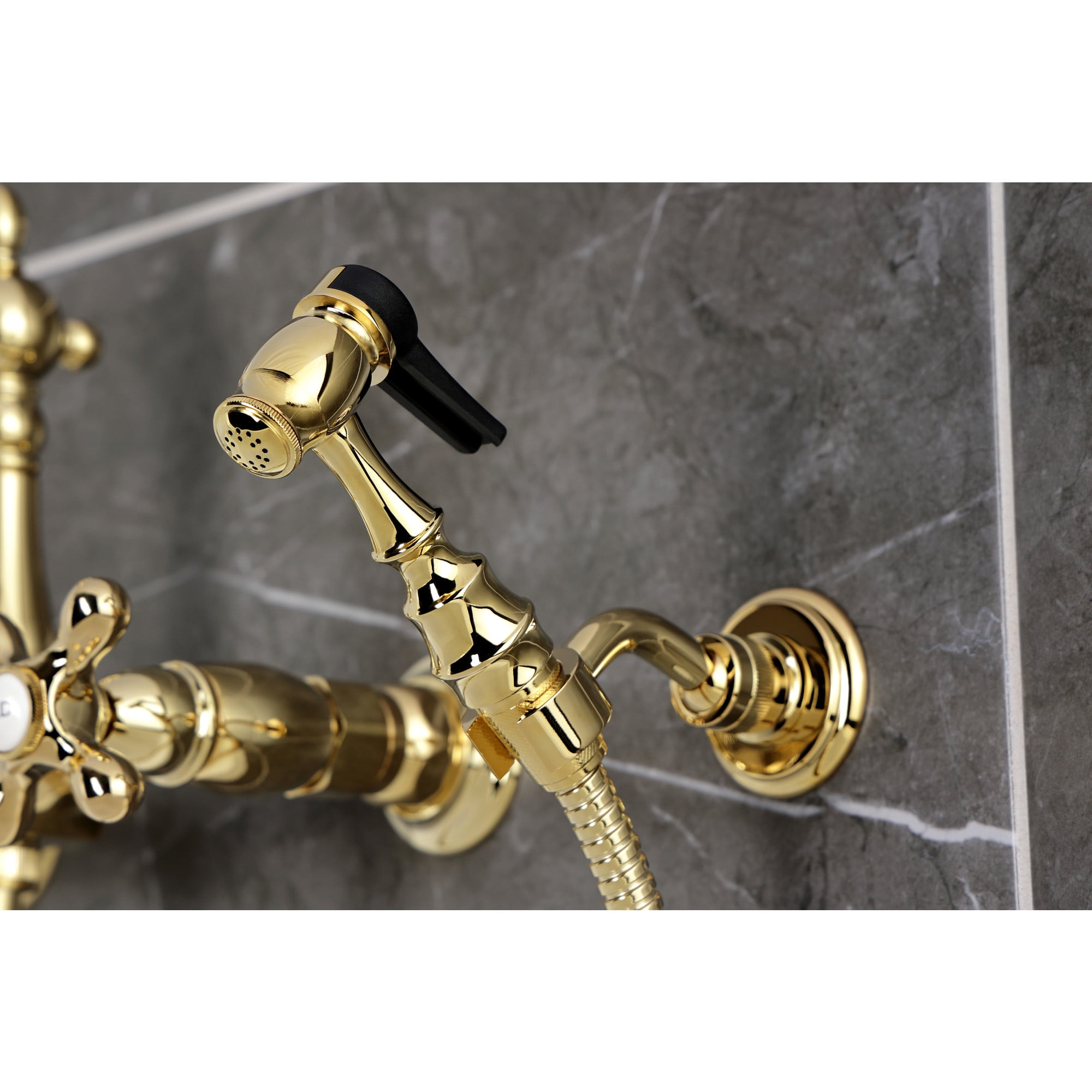 Kingston Brass KS2442AXBS Heritage Double-Handle Wall-Mount Bridge Kitchen Faucet with Brass Sprayer, Polished Brass