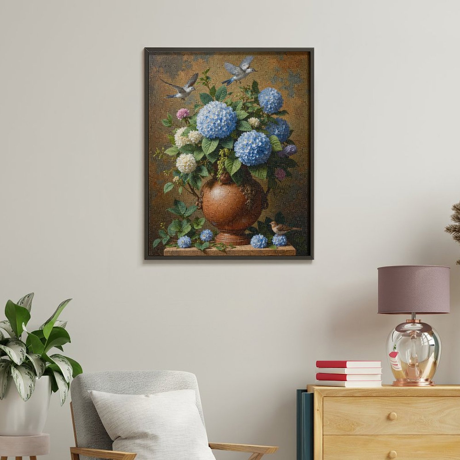 Paint By Numbers Kit for Adults Beginner - Blue Hydrangeas Vase Birds Painting DIY Canvas Painting Kits for Adults, Frameless Paint By Number for Adults for Home Wall Decor 16x20 Inch