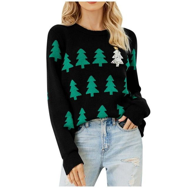Chandail Tricoté de Noël pour Femme, Col Rond Imprimé, Manches Longues, Tricot Décontracté, Chandail d'Automne et d'Hiver, Haut