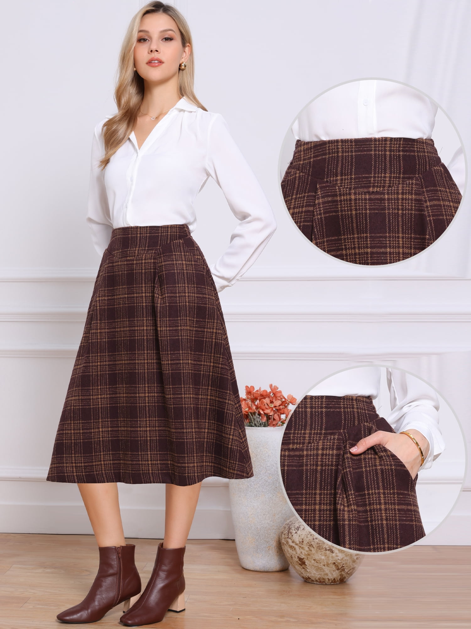 DARING DIVA Women's Midi A-Line Pleated Skirts with Pockets M Dark Pink
