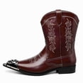 thumbnail image 1 of Men’s Embroidered Western Cowboy Boots, Pointed Toe Metal Toe Cap Block Heel, Side Zipper Vintage British Style Chunky Heel Mid-Calf Boots, 1 of 6