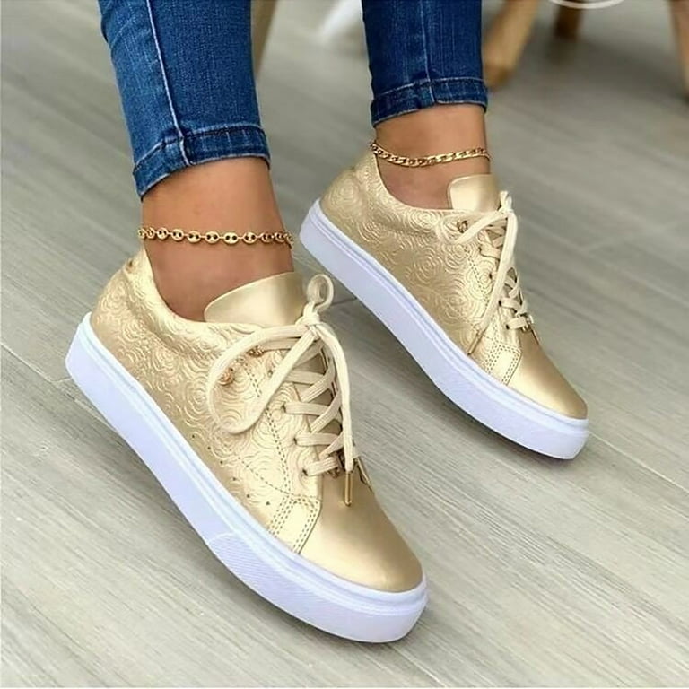 OFG Women's Sneakers - Low Top Lace Up Comfort Walking Shoes With Cushion & Star Pattern