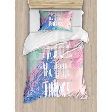 Enjoy the Little Things Twin Size Duvet Cover Set, Inspirational Hand Lettering Quote on Grunge Color Smear Background, Decorative 2 Piece Bedding Set with 1 Pillow Sham, Multicolor, by Ambesonne