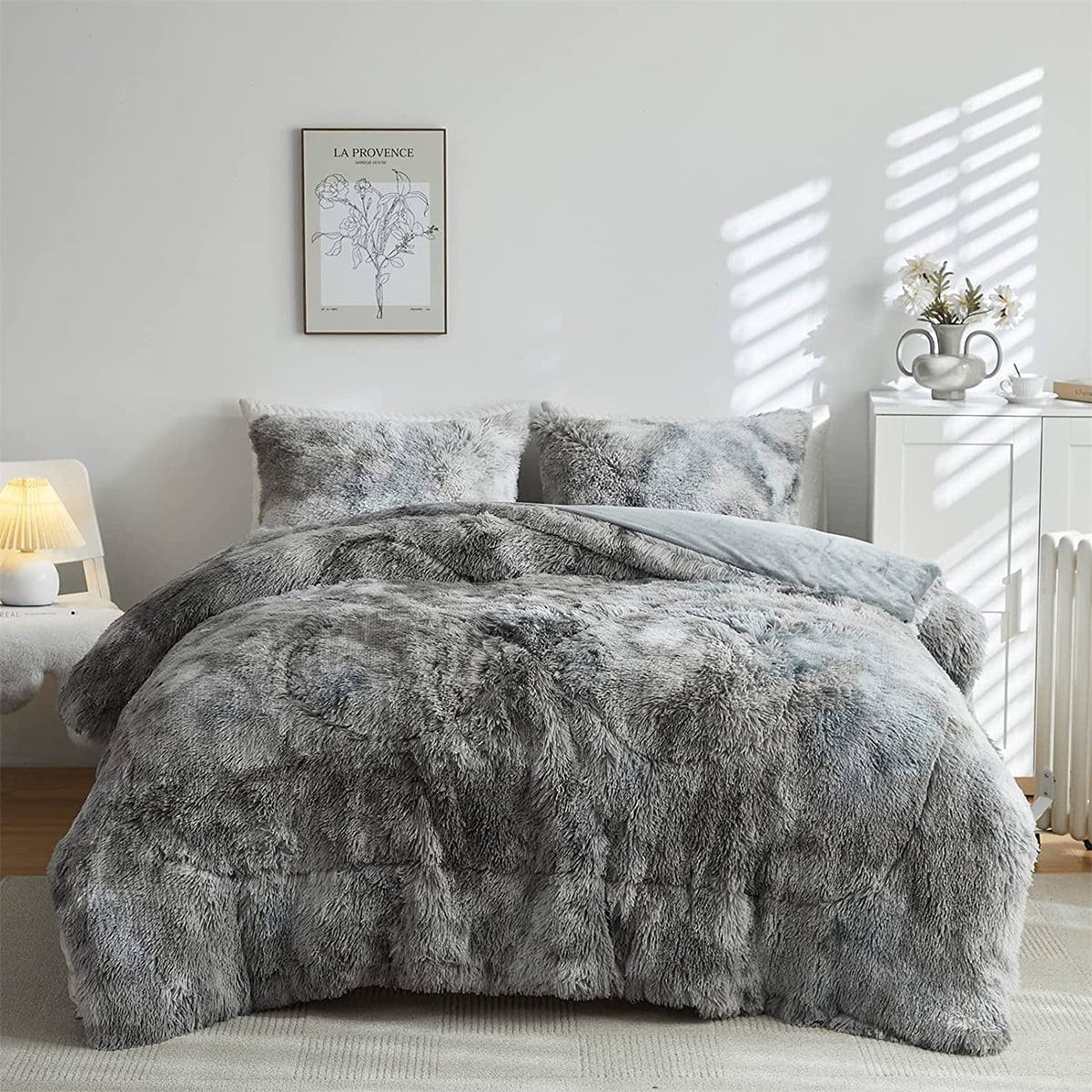 Wajade Plush Shaggy Comforter Set Fluffy Fuzzy Faux Fur Bedding Set - 3PC Microfiber Soft Warm Quilt Set(Gray White,Queen Size)
