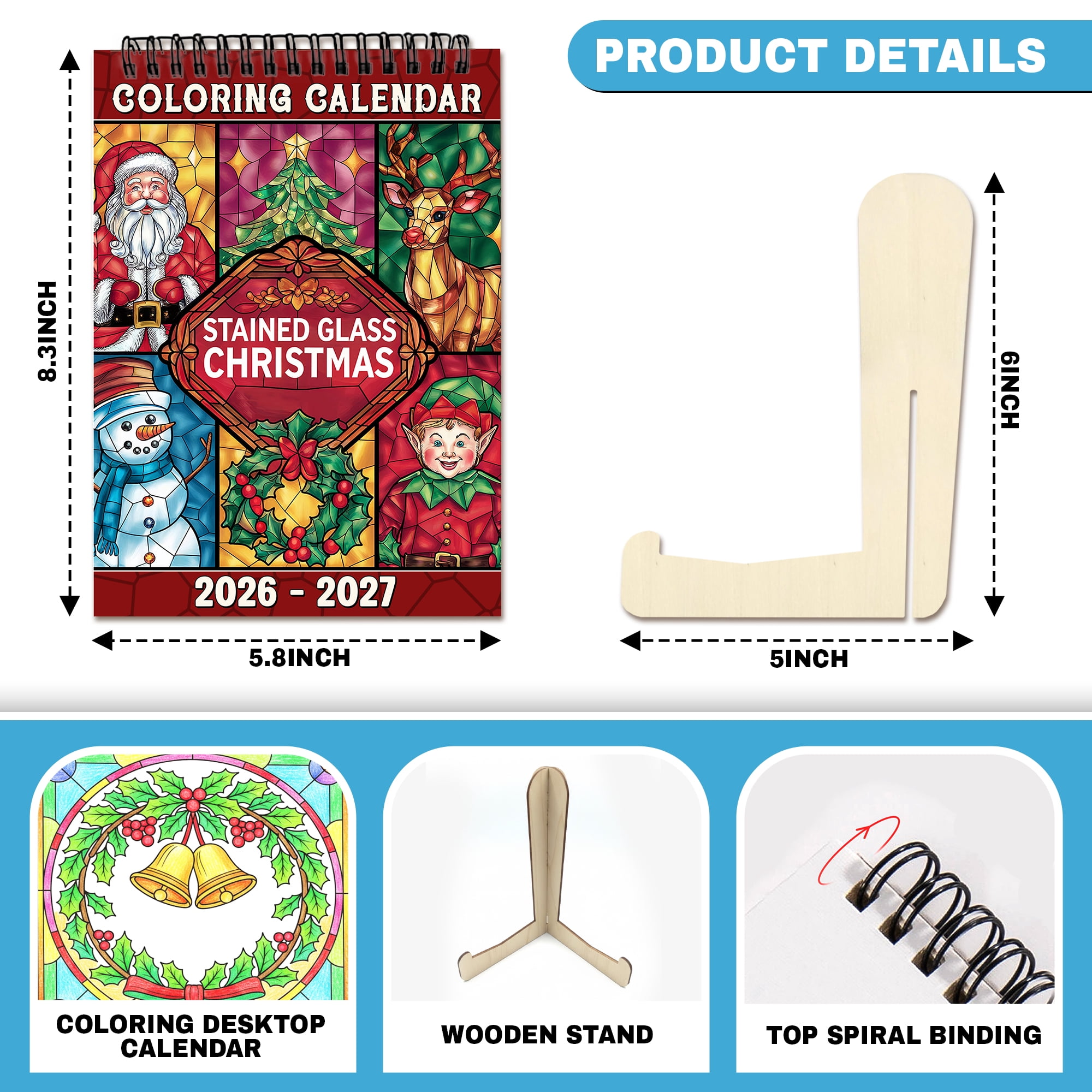 Stained Glass Christmas Coloring Desk Calendar 2026–2027, A5 Wooden Cover Planner with 26 Easy Coloring Pages for Adult Relaxation, 24 Month Desktop Calendar with Stand, Gift for Family & Friends