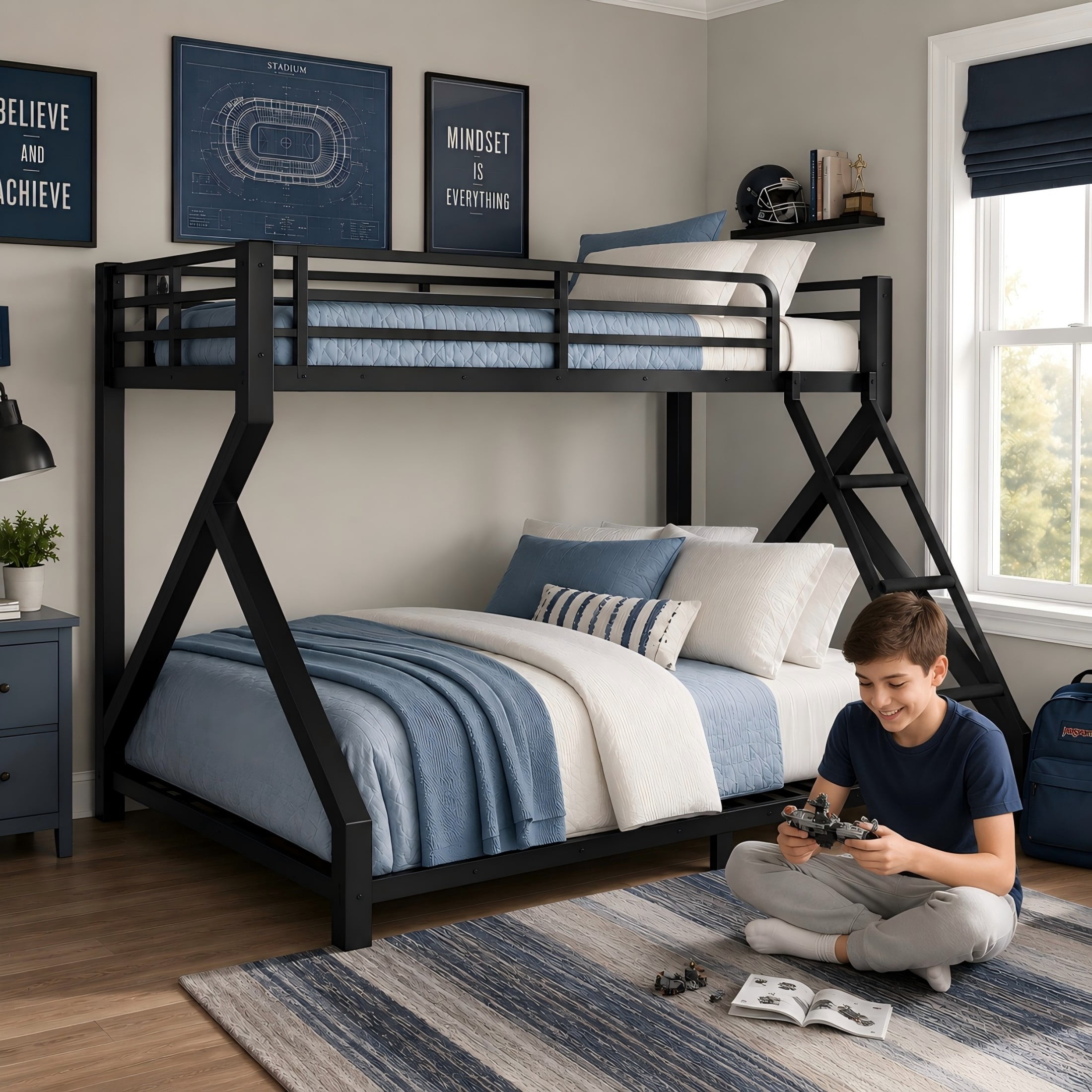 Aukfa Twin XL over Queen Metal Bunk Bed with Built-In Ladders, Low Profile Heavy Duty Bunk Bed with Reinforced Support Slats, No Box Spring Needed, Black