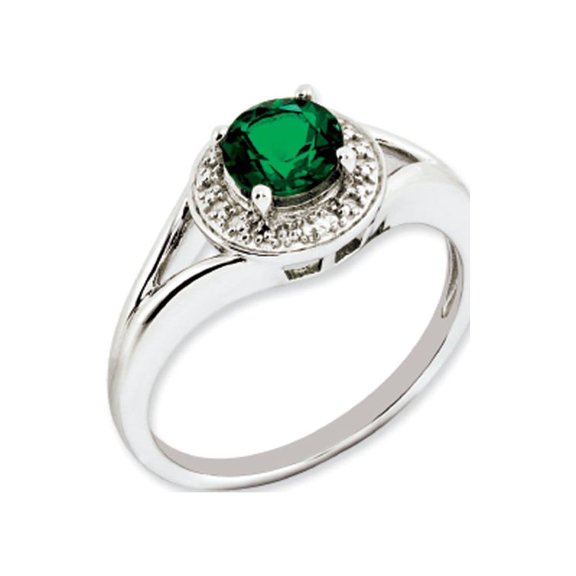 Sterling Silver Rhodium-plated Diam. & Created Emerald Ring