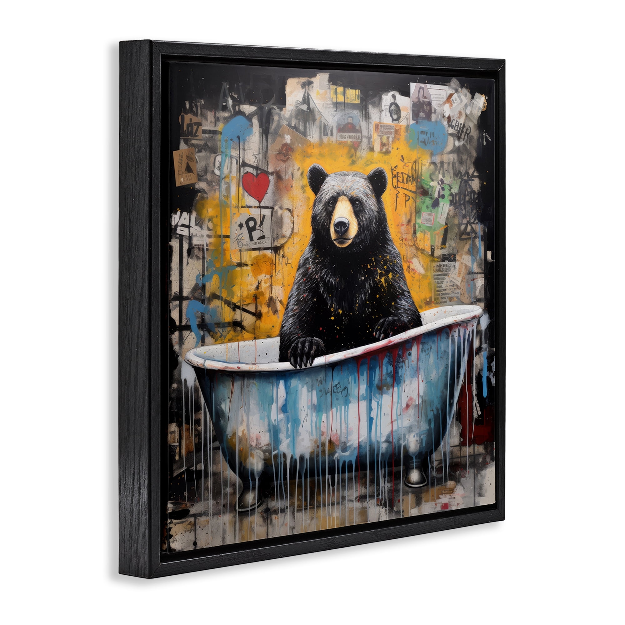 Stupell Industries Graffiti Bathing Bear Typography Painting Black Floater Framed Canvas Art Print Wall Art, 18 x 18