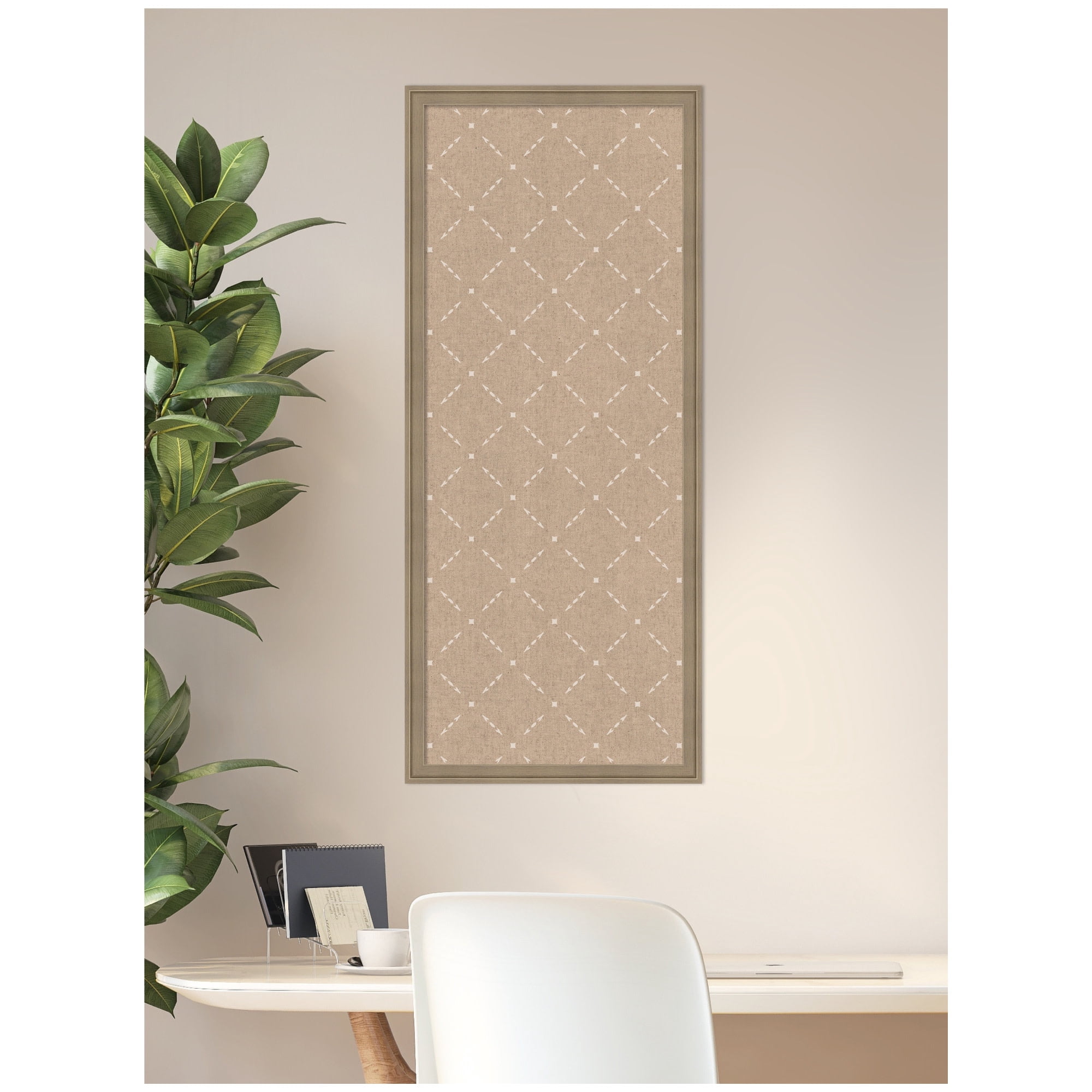 Kate and Laurel Framed Fabric Pinboard 18 x 42, Beige Lattice Pattern Printed Linen Classic Bulletin Board for Use as a Vision Board or Wall Organization, Florence Light Brown Frame