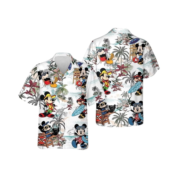 Disney Mickey and Friends Button-Up Hawaiian Shirt,Summer Vacation Tee