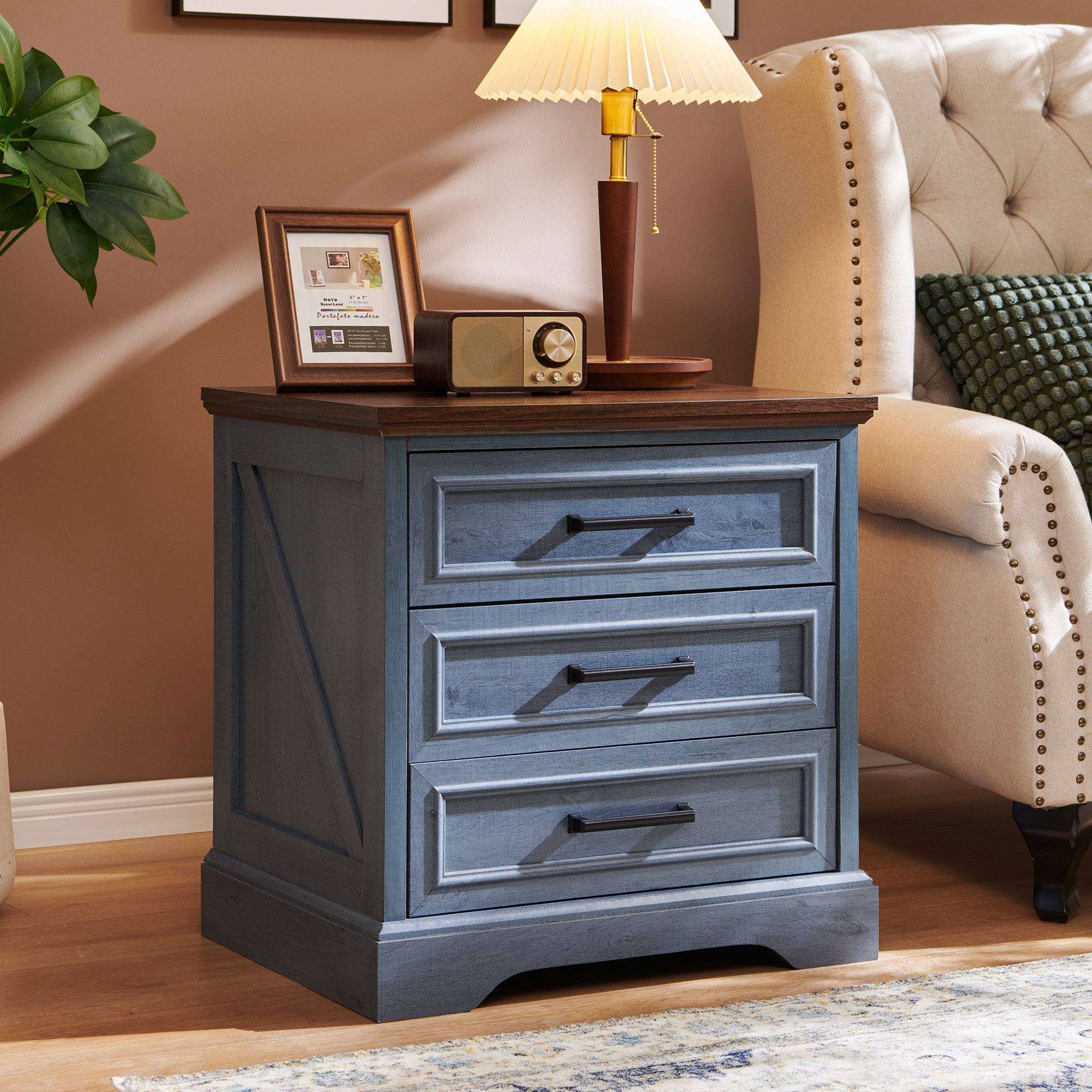 ACCOHOHO 3 Drawer Nightstand Set of 2 with Charging Station - Farmhouse End Tables, Rustic Side Tables for Bedroom & Living Room, Blue