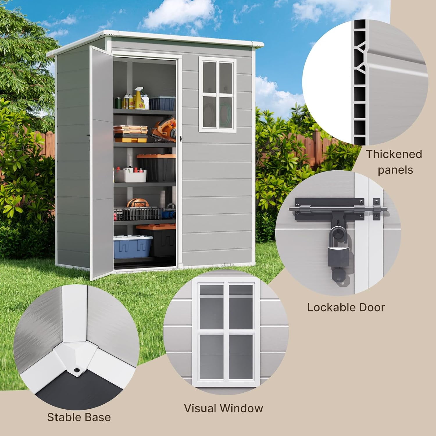 5x3 ft Outdoor Plastic Storage Shed - Lockable Doors, Weather-Resistant Storage for Patio, Lawn, and Garden - Gray