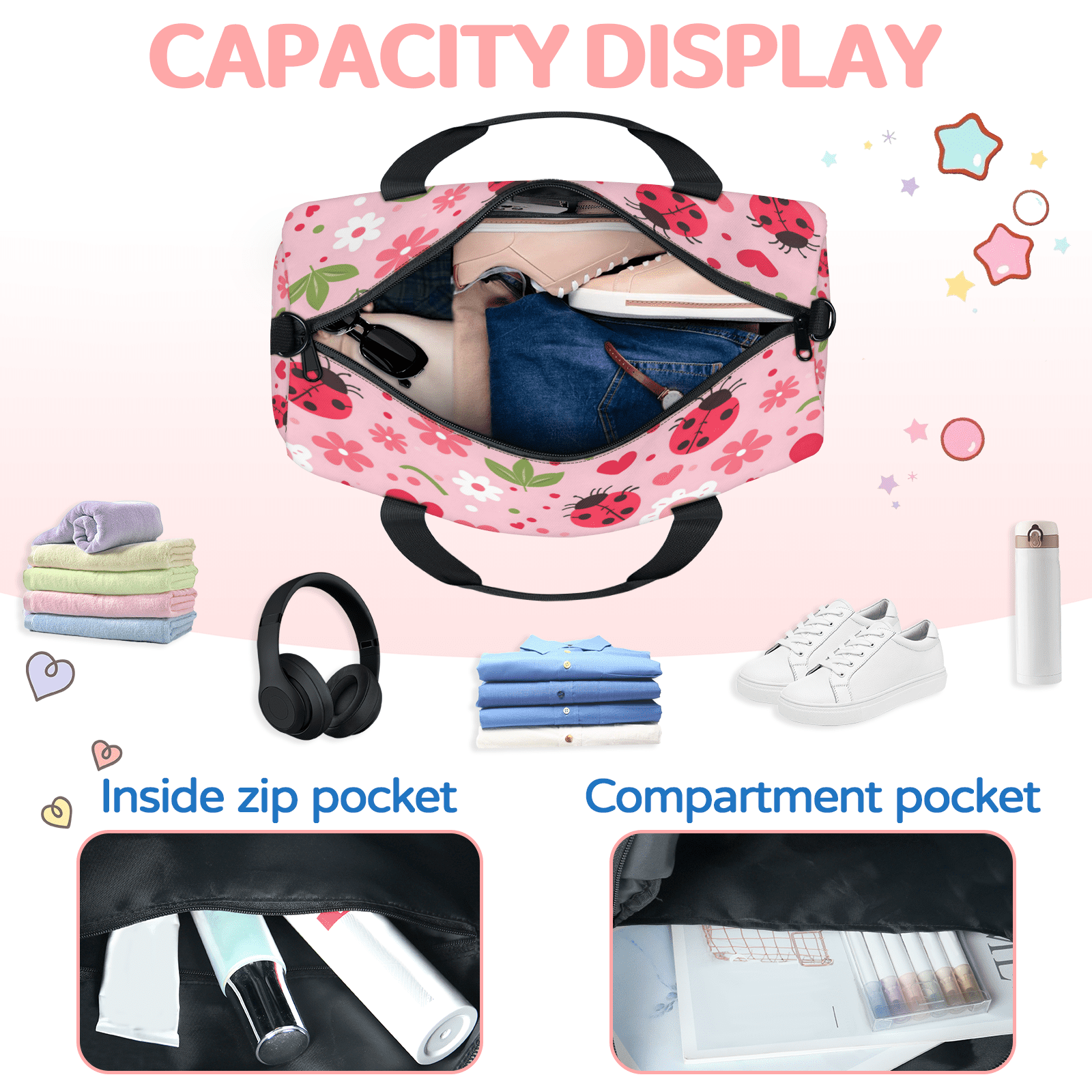 Herdesigns Floral Ladybugs Gym Bag for Women, Duffle Bag for Travel Sport, Lightweight Waterproof Carry on Weekender Overnight Dance Yoga Workout Bags