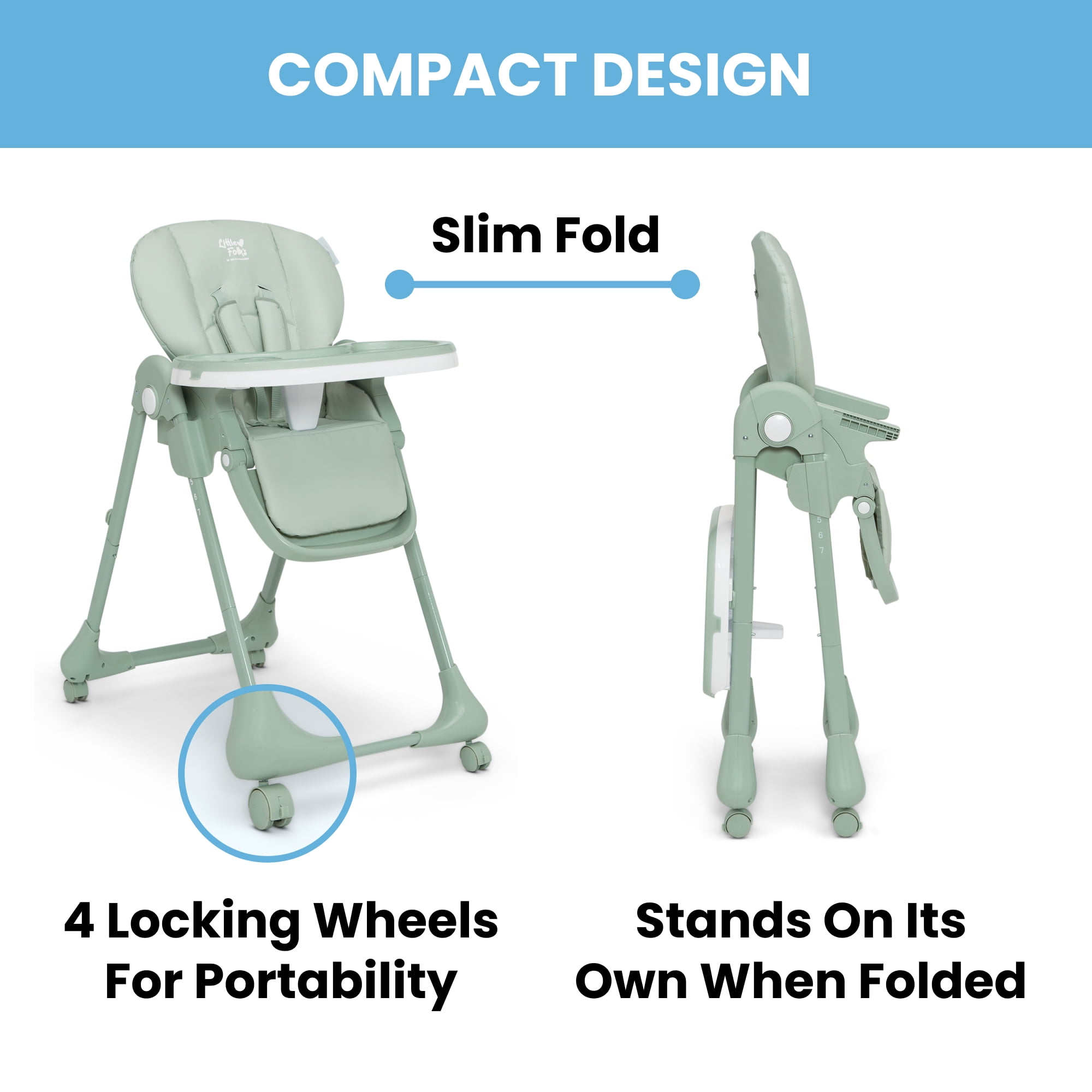 Little Folks by Delta Children 2-in-1 SlimFold High Chair for Babies and Toddlers, Sage Green