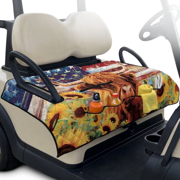 Xixirimido Golf Cart Seat Cover with 4 Pockets Portable & Foldable Golf Cart Seat Blanket Towel Fits for EZGO, Yamaha, Club Car Golf Cart Accessories, Highland Cattle Sunflower American Flag