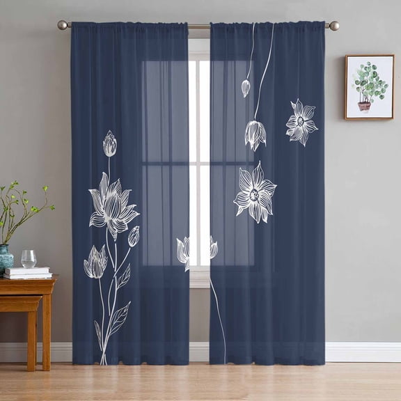 ERUNPONLY Navy Blue White Floral Sheer Curtains 96 Inch Length 2 Panels Set, Abstract Art Summer Botanical Voile Window Treatment Sheer Long Curtains Drapes for Bedroom/Living Room/Kitchen 52"x96"x2