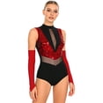 thumbnail image 3 of iiniim Women Sparkle Latin Jazz Dance Outfit Sleeveless Gymnastics Leotard with Gloves Sequins Dance Clothes Red M, 3 of 7