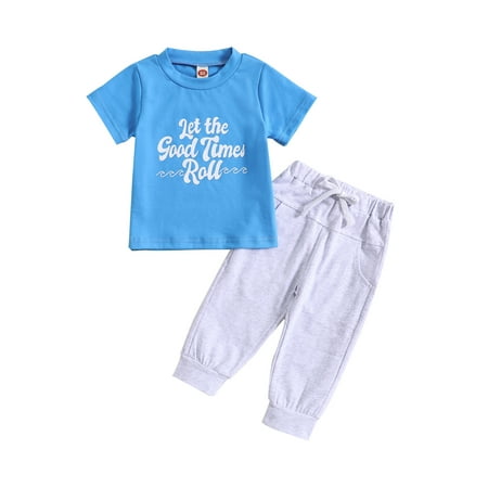 

wybzd Summer Toddler Baby Boys Clothes Letter Print Short Sleeve Tops Drawstring Pockets Pants Outfits