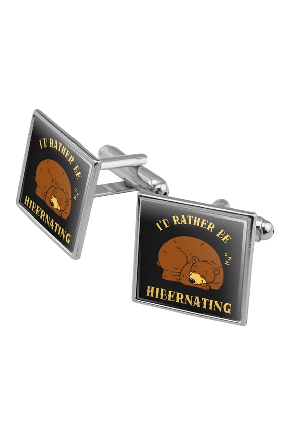 I'd Rather Be Hibernating Sleeping Bear Funny Humor Square Cufflink Set - Silver or Gold