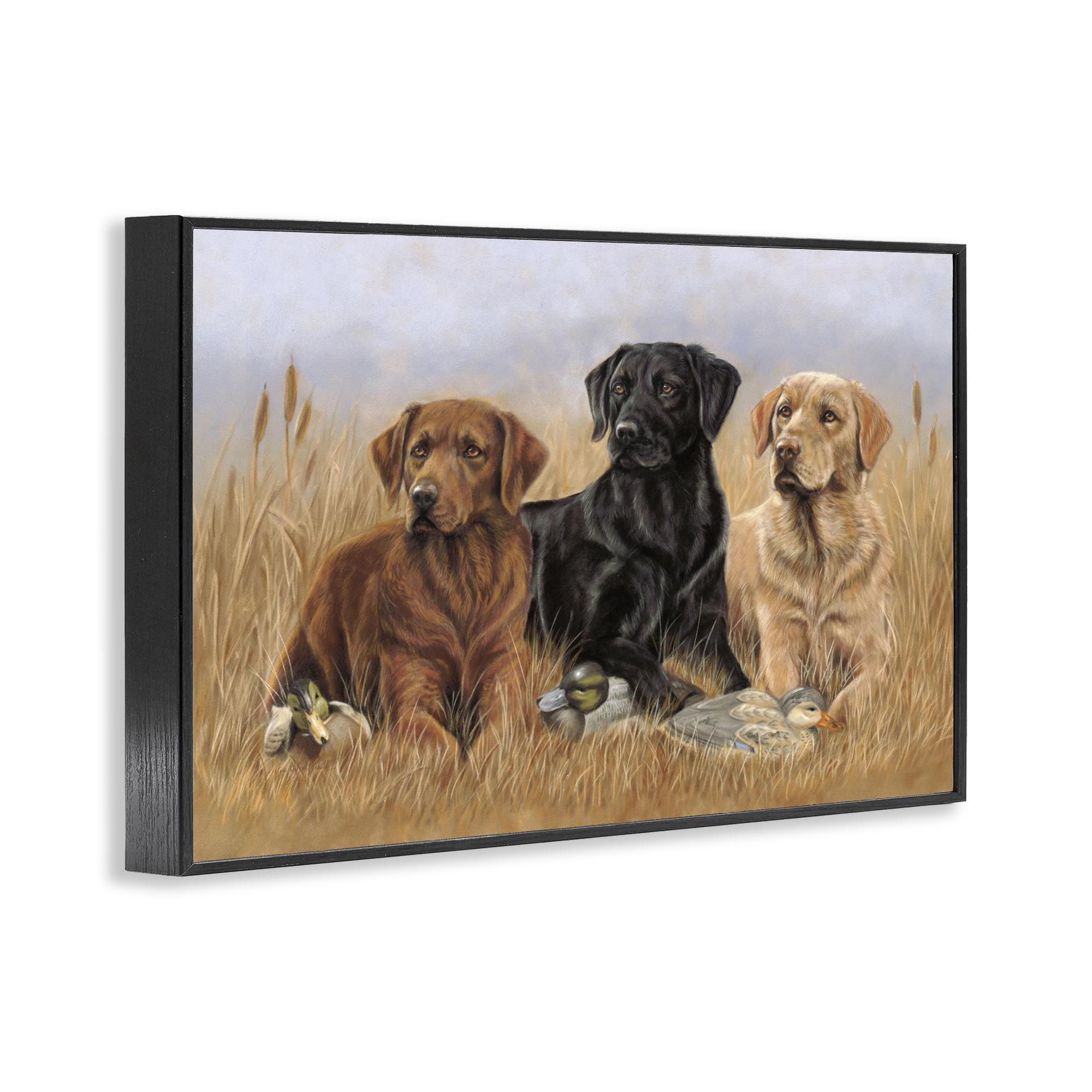 Stupell Industries Dog Trio & Ducks Animals & Insects Painting Black Framed Art Print Wall Art, 18 x 12